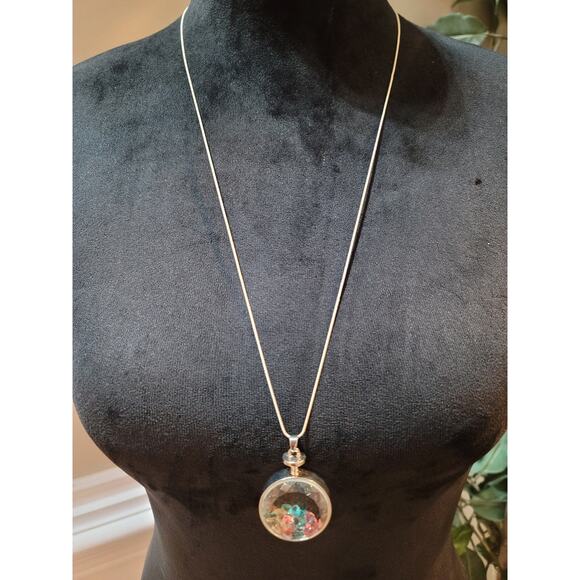 Women’s Long Pendant Necklace With Round Glass Locket And Multicolor Crystals - Picture 2 of 5
